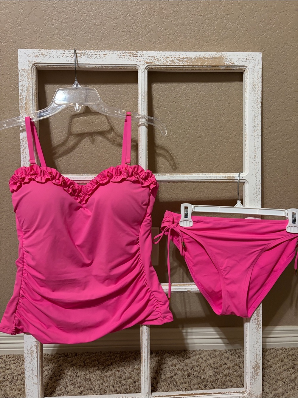 La Blanca - Bright Pink Ruffle Tankini Top and Bikini Bottoms